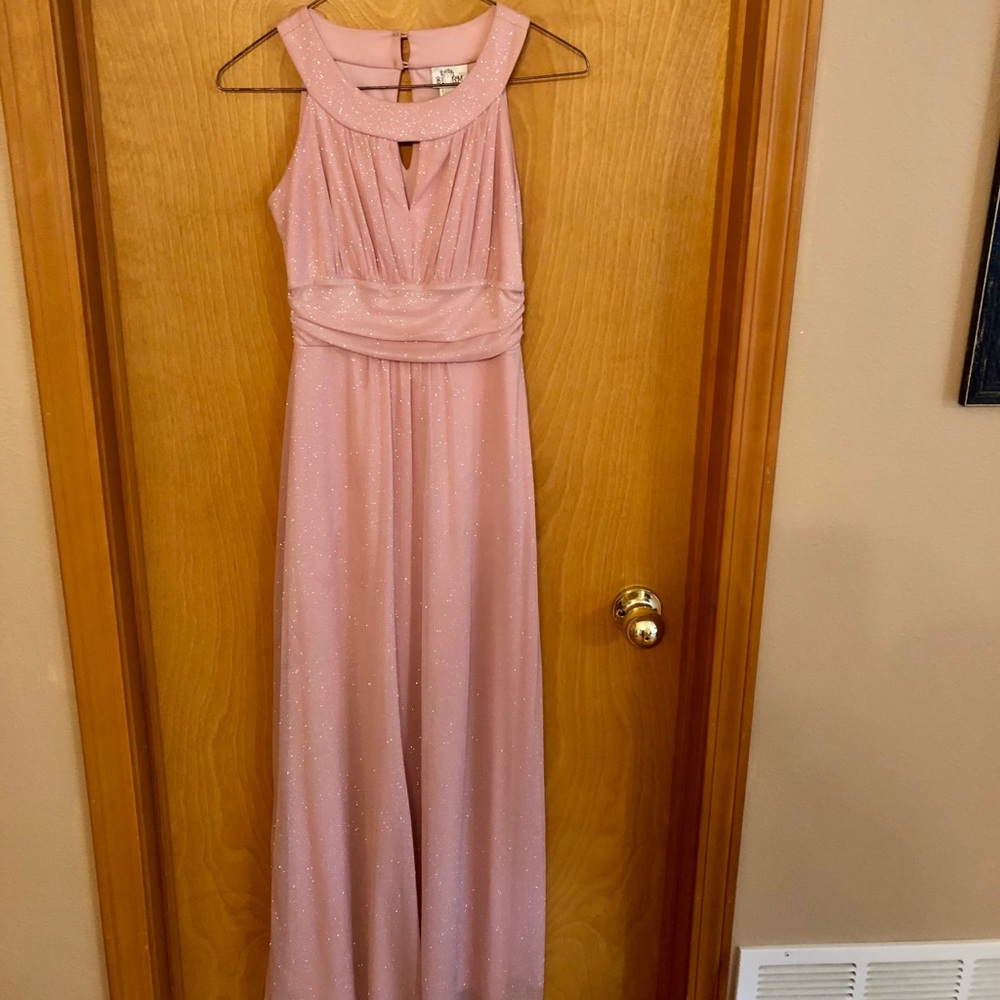 Floor-length, sparkly blush pink dress